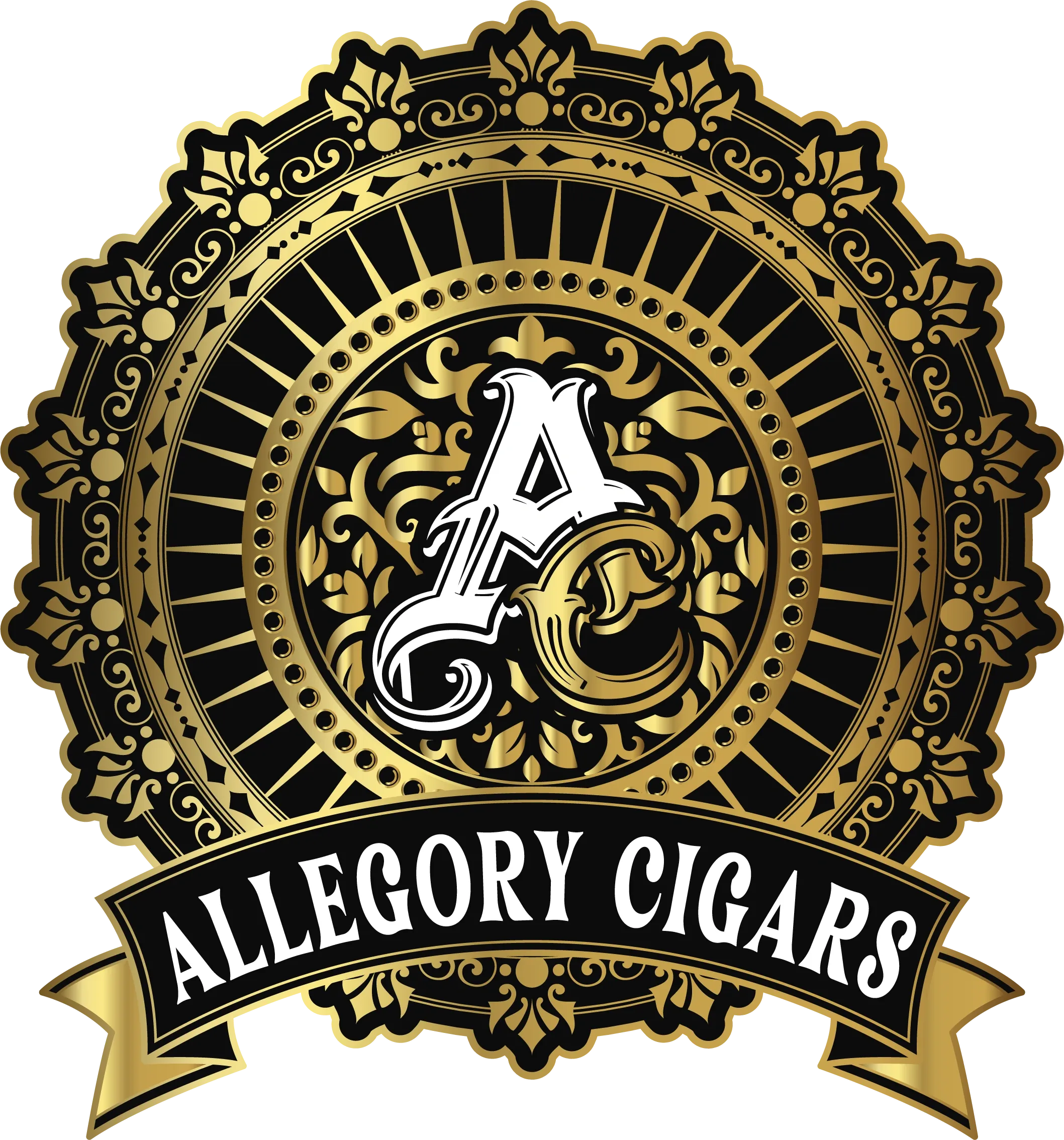 Allegory Cigars logo featuring an ornate gold-and-black circular emblem with stylized “AC” initials and a banner reading “Allegory Cigars.”